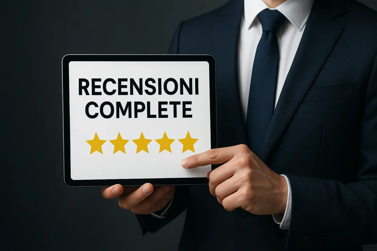 Uomo d'affari in abito elegante che mostra recensioni complete e opinioni su Doo Prime Italia con valutazione a cinque stelle