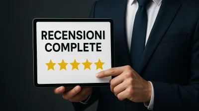 Uomo d'affari in abito elegante che mostra recensioni complete e opinioni su Doo Prime Italia con valutazione a cinque stelle